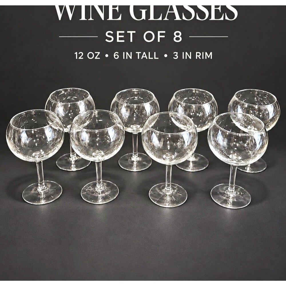 Vintage Stemmed Balloon Wine Glasses Set of 8 Clear 12oz 6in Tall 3in Rim